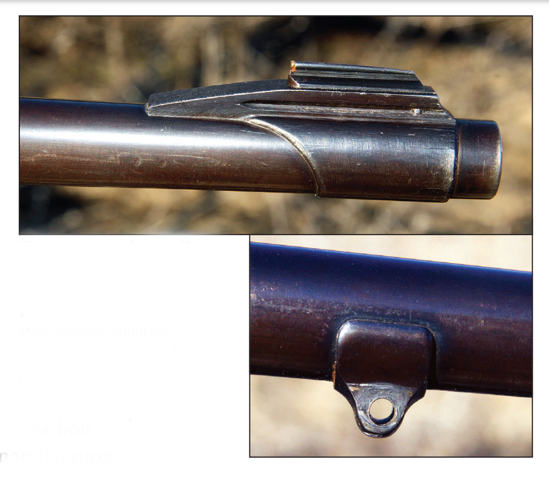 The front sight of the Hoffman replacement barrel found on this Remington Hepburn rifle was a well-defined wraparound style (top), while an integral sling stud was mounted mid-barrel (below).